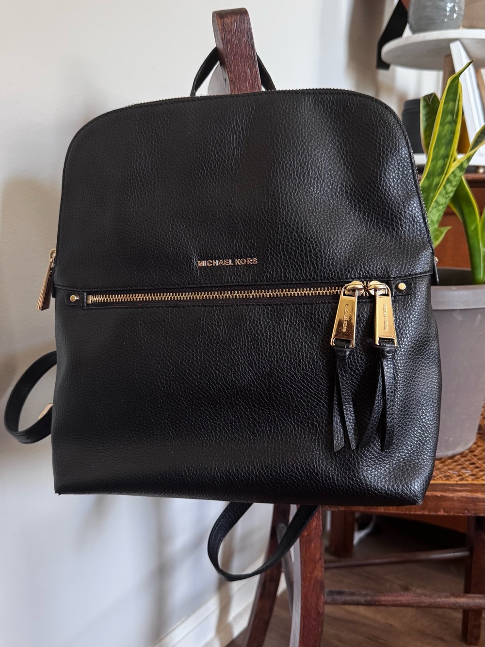Michael Kors Black Pebbled Leather Backpack with Gold Hardware